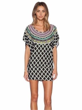 Trina Turk Kon Tiki Tunic Cover-Up XS Black Multicolor Swim Caftan